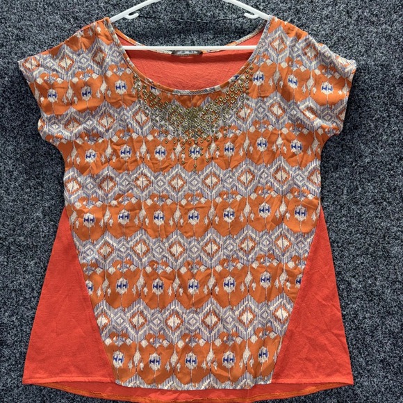 Miss Me Tops - Miss Me Burnt Orange Tribal Print Studded Scoop Neck Top MDT407S Mens M